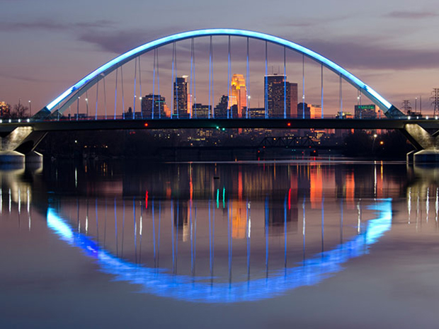 lowry avenue bridge lit blue at night