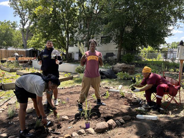 A group of people gather at a community garden.