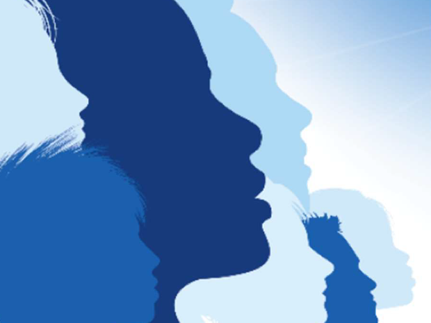 Silhouettes of human profiles in varying shades of blue face right against a gradient background.
