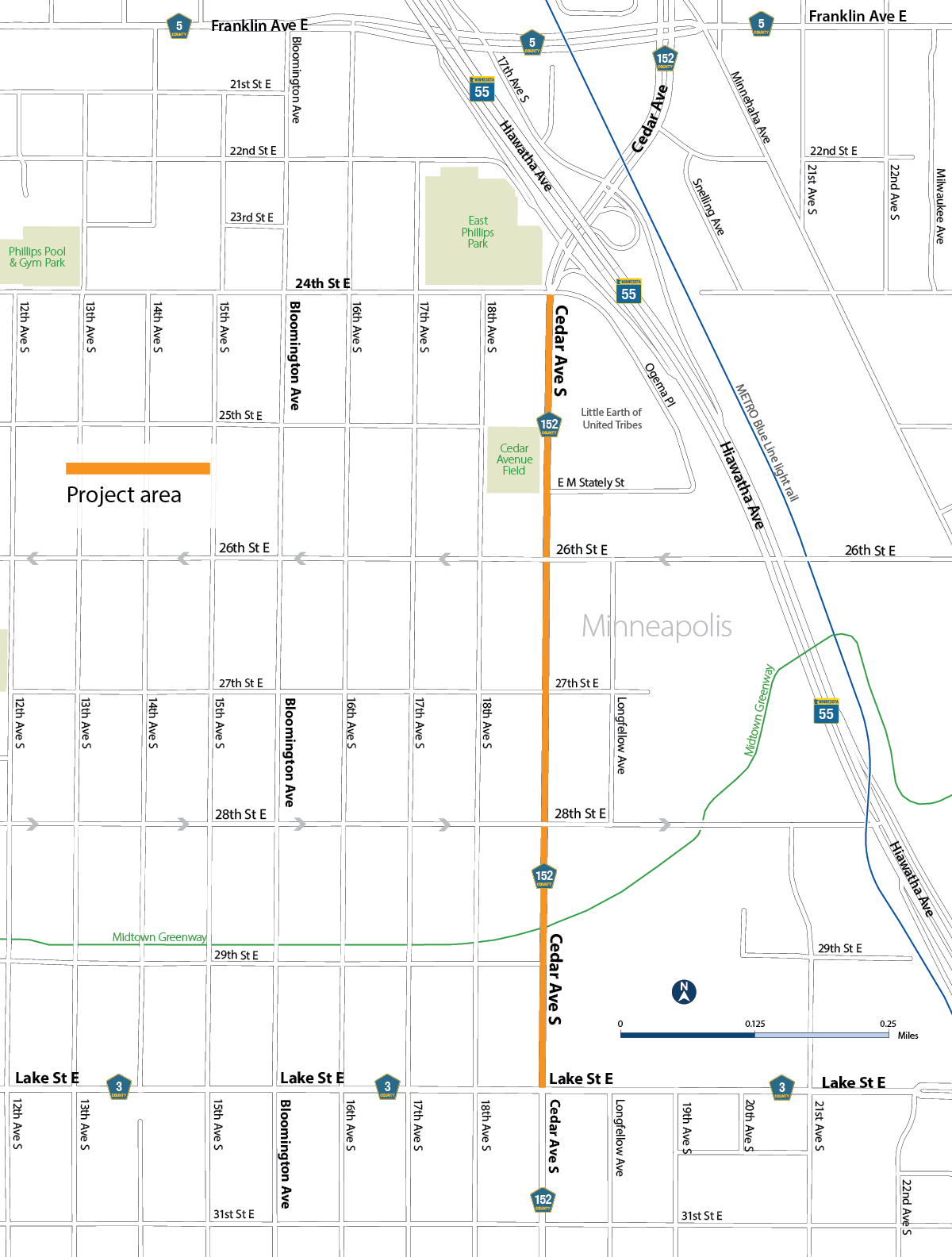 Hennepin County is reconstructing Cedar Avenue (County Road 152) between Lake Street (County Road 3) and 24th Street in Minneapolis.
