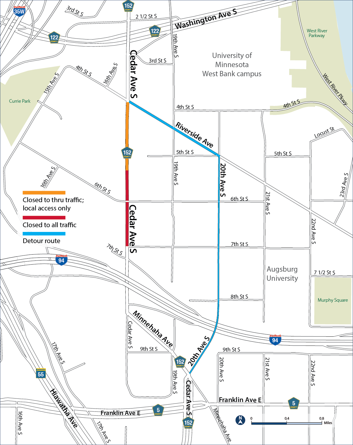 map to repave Cedar Avenue between Washington Avenue and 20th Avenue South
