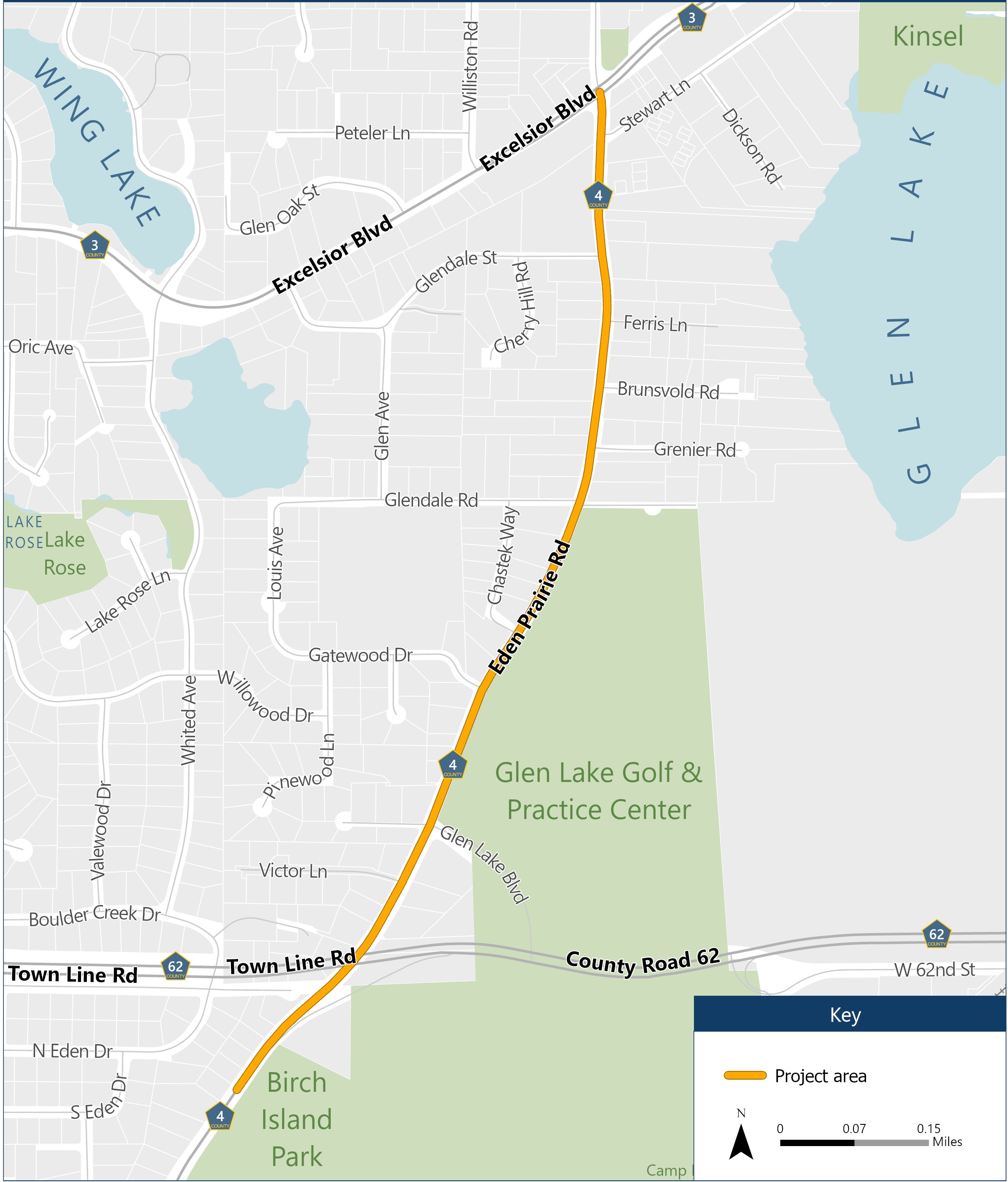 Project area map of Eden Prairie Road between Excelsior Boulevard (County Road 3) and Town Line Road (County Road 62)