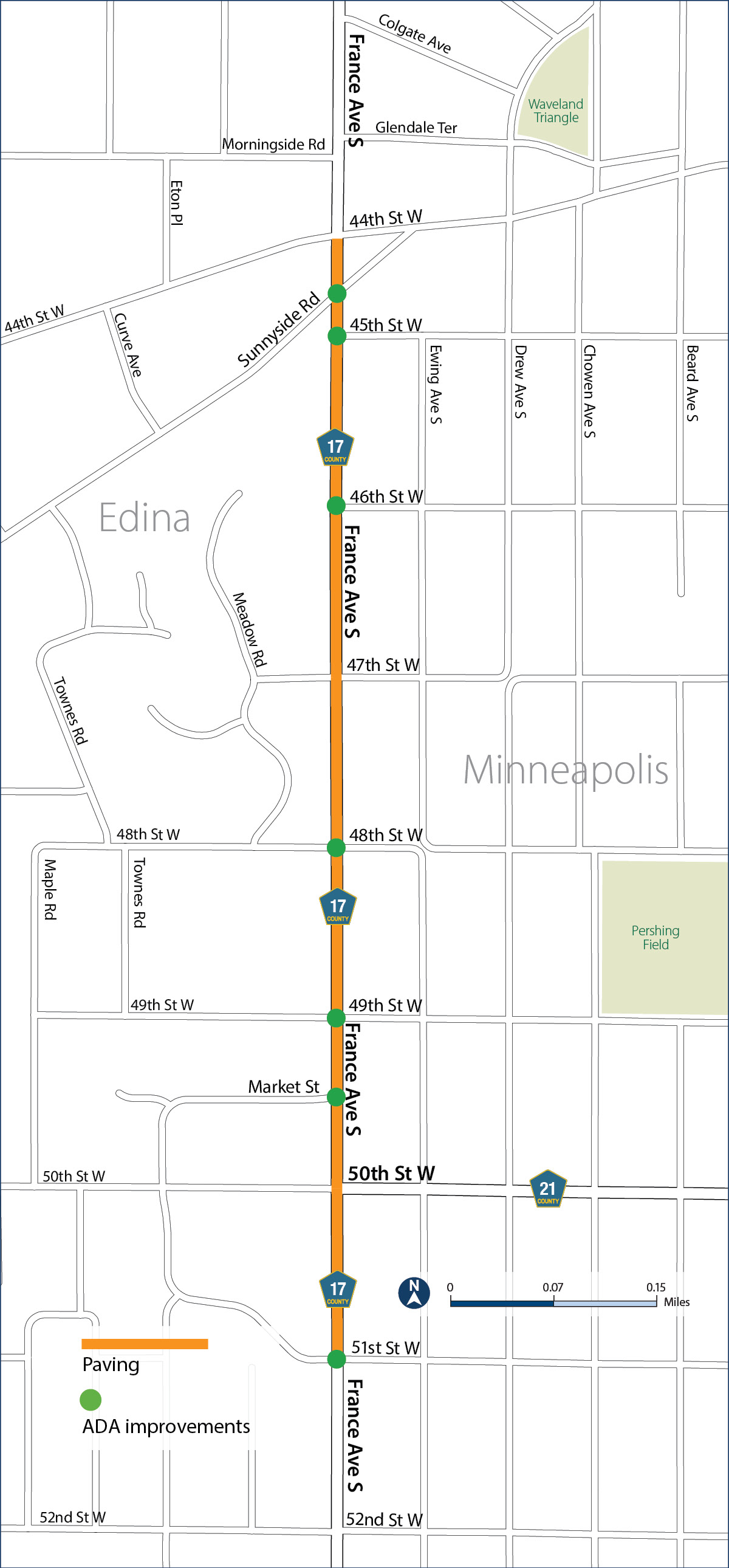 A map showing the planned construction on France Avenue (County Road 17) between 44th and 51st Street, along the border of Edina and Minneapolis.