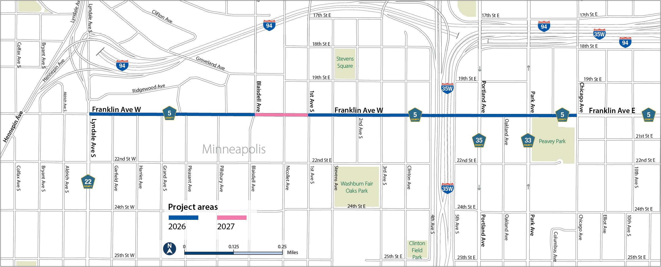 A project map of Franklin Avenue showing 2026 construction between Lyndale and LaSalle/Blaisdell avenues, as well as between First and Chicago avenues. In 2027, construction is between LaSalle and First avenues.
