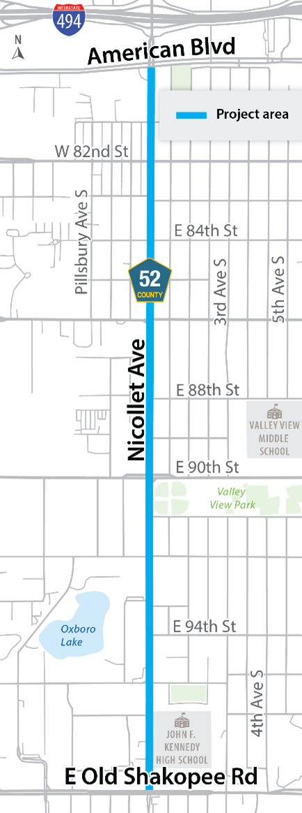 A project map of Nicollet Avenue in Bloomington from American Boulevard to East Old Shakopee Road