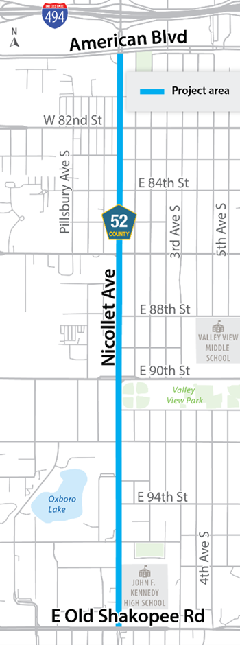 A project map of Nicollet Avenue in Bloomington from American Boulevard to East Old Shakopee Road
