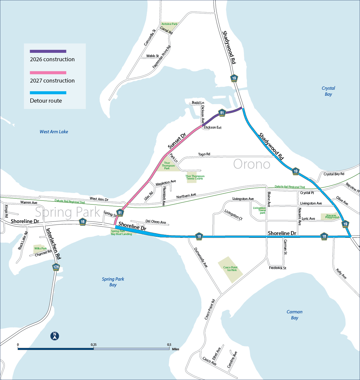Map of the planned reconstruction on Sunset Drive between Shoreline Drive (County Road 15) and Shadywood Road (County Road 19).