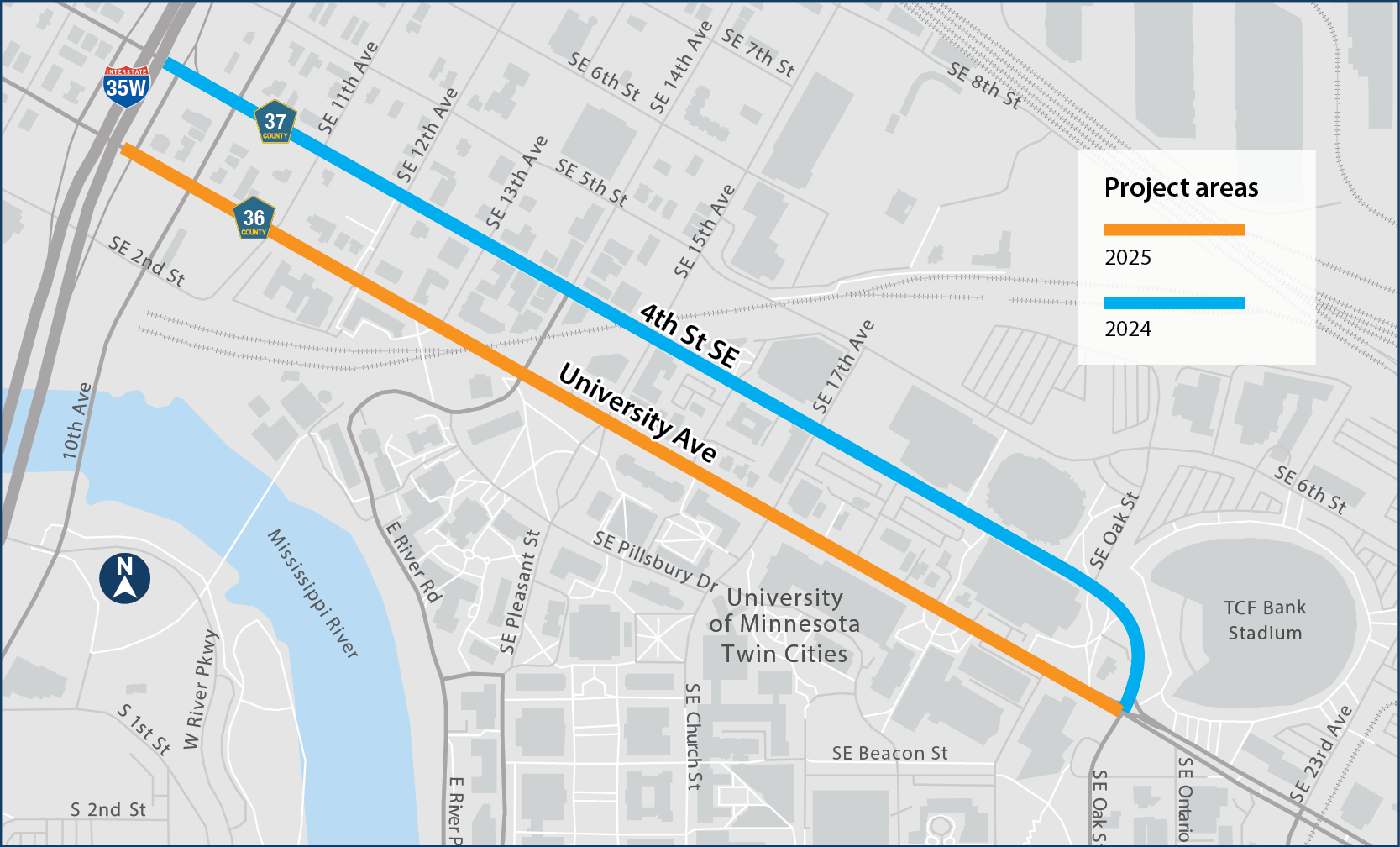 A map showing where construction on Fourth Street in 2024 and University Avenue in 2025 will take place.