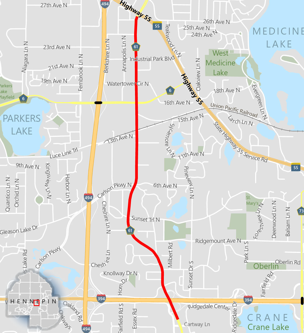 A map showing planned safety improvements on Xenium Lane and Plymouth Road (County Road 61) from just north of Cartway Lane to Highway 55 in Plymouth and Minnetonka.