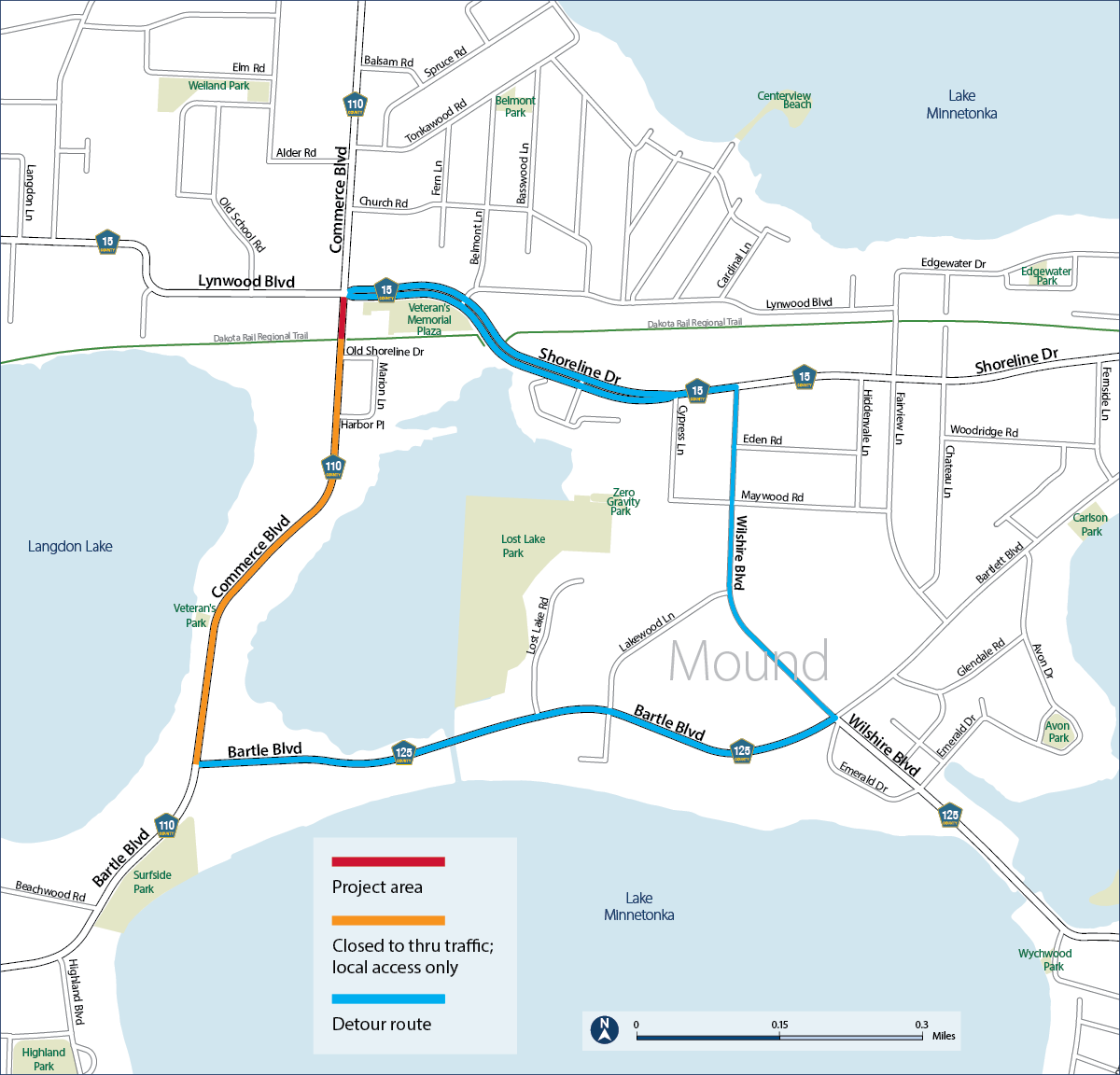 A map showing the work area. Commerce Boulevard (County Road 110) will close in both directions between just south of Shoreline Drive at the Dakota Rail trail in Mound.
